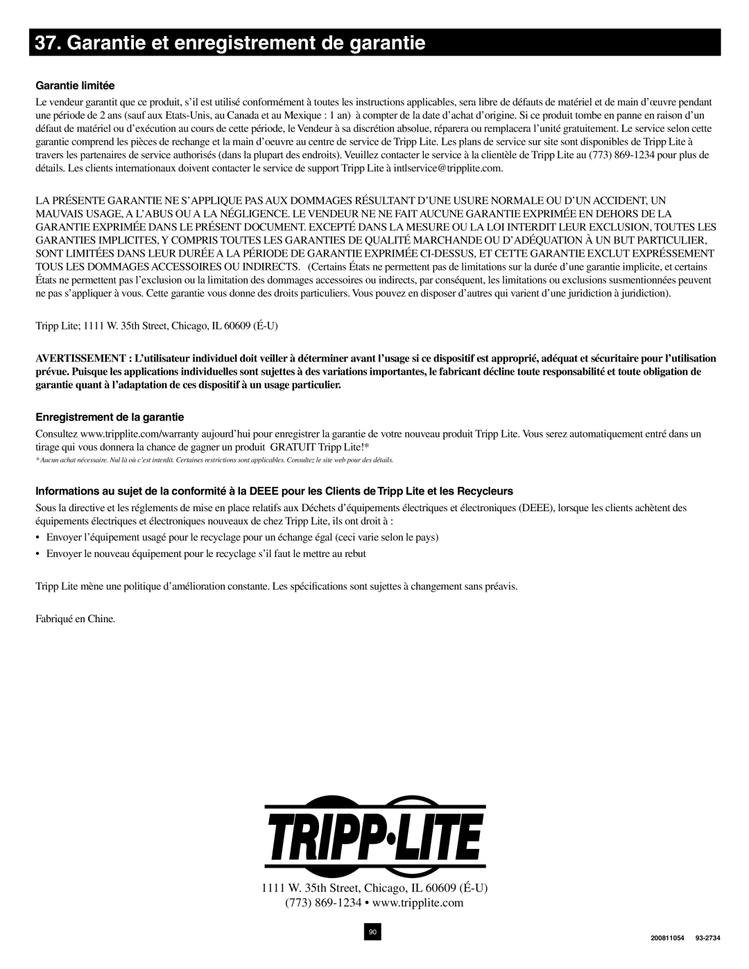 Tripp Lite B070-016-19-IP warranty Garantie et enregistrement de garantie, Garantie limitée, Enregistrement de la garantie 